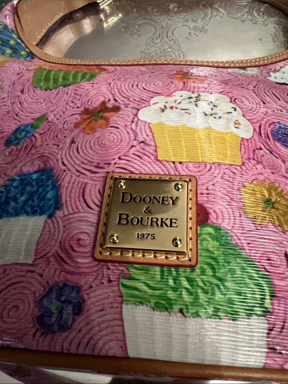 Dooney & Bourke Pink Cupcake Print Shoulder Hobo with Tan Trim - Picture 3 of 4